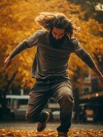 photo of emotional dynamic pose Brazilian man in autumn AI Generative