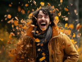 photo of emotional dynamic pose Brazilian man in autumn AI Generative