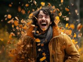 photo of emotional dynamic pose Brazilian man in autumn AI Generative