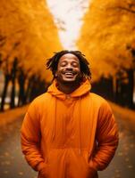 photo of emotional dynamic pose Brazilian man in autumn AI Generative