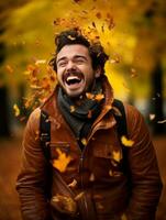 photo of emotional dynamic pose Brazilian man in autumn AI Generative