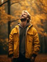 photo of emotional dynamic pose Brazilian man in autumn AI Generative