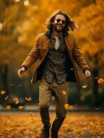 photo of emotional dynamic pose Brazilian man in autumn AI Generative