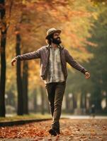 photo of emotional dynamic pose Brazilian man in autumn AI Generative