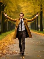 photo of emotional dynamic pose Brazilian man in autumn AI Generative