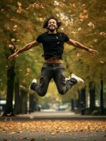 photo of emotional dynamic pose Brazilian man in autumn AI Generative