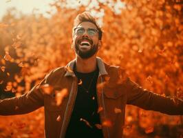 photo of emotional dynamic pose Brazilian man in autumn AI Generative