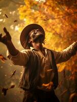 photo of emotional dynamic pose Brazilian man in autumn AI Generative