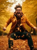 photo of emotional dynamic pose Brazilian man in autumn AI Generative