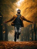 photo of emotional dynamic pose Brazilian man in autumn AI Generative