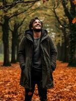 photo of emotional dynamic pose Brazilian man in autumn AI Generative