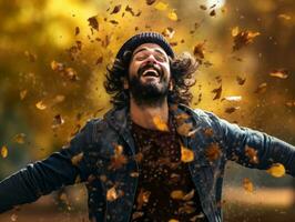 photo of emotional dynamic pose Brazilian man in autumn AI Generative