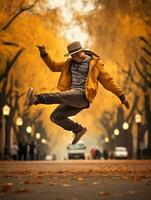 photo of emotional dynamic pose Brazilian man in autumn AI Generative