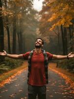 photo of emotional dynamic pose Brazilian man in autumn AI Generative