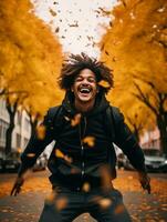 photo of emotional dynamic pose Brazilian man in autumn AI Generative