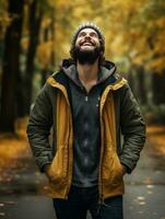 photo of emotional dynamic pose Brazilian man in autumn AI Generative