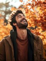 foto de emocional dinámica actitud brasileño hombre en otoño ai generativo