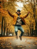 photo of emotional dynamic pose Brazilian man in autumn AI Generative