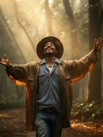 photo of emotional dynamic pose Brazilian man in autumn AI Generative