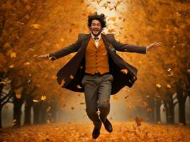 photo of emotional dynamic pose Brazilian man in autumn AI Generative