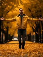 photo of emotional dynamic pose Brazilian man in autumn AI Generative