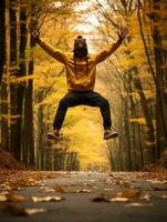 photo of emotional dynamic pose Brazilian man in autumn AI Generative