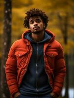 photo of emotional dynamic pose Brazilian man in autumn AI Generative