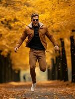 photo of emotional dynamic pose Brazilian man in autumn AI Generative