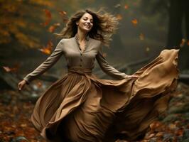 European woman in emotional dynamic pose on autumn background AI Generative photo