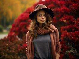 European woman in emotional dynamic pose on autumn background AI Generative photo