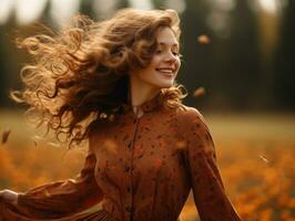 European woman in emotional dynamic pose on autumn background AI Generative photo