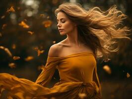 European woman in emotional dynamic pose on autumn background AI Generative photo
