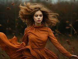 European woman in emotional dynamic pose on autumn background AI Generative photo