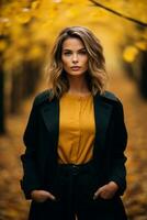 European woman in emotional dynamic pose on autumn background AI Generative photo