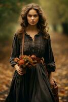 European woman in emotional dynamic pose on autumn background AI Generative photo