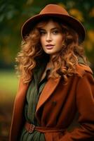 European woman in emotional dynamic pose on autumn background AI Generative photo