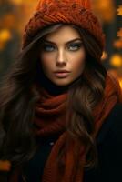 European woman in emotional dynamic pose on autumn background AI Generative photo