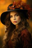 European woman in emotional dynamic pose on autumn background AI Generative photo