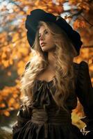 European woman in emotional dynamic pose on autumn background AI Generative photo