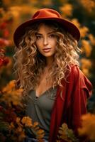 European woman in emotional dynamic pose on autumn background AI Generative photo