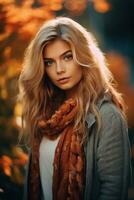 European woman in emotional dynamic pose on autumn background AI Generative photo