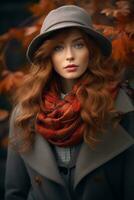 European woman in emotional dynamic pose on autumn background AI Generative photo