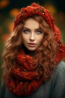 European woman in emotional dynamic pose on autumn background AI Generative photo