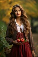 European woman in emotional dynamic pose on autumn background AI Generative photo