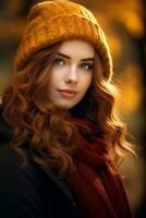 European woman in emotional dynamic pose on autumn background AI Generative photo