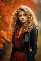 European woman in emotional dynamic pose on autumn background AI Generative photo