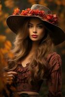 European woman in emotional dynamic pose on autumn background AI Generative photo