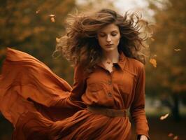 European woman in emotional dynamic pose on autumn background AI Generative photo