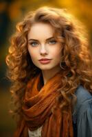 European woman in emotional dynamic pose on autumn background AI Generative photo