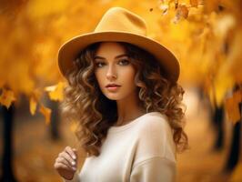 European woman in emotional dynamic pose on autumn background AI Generative photo